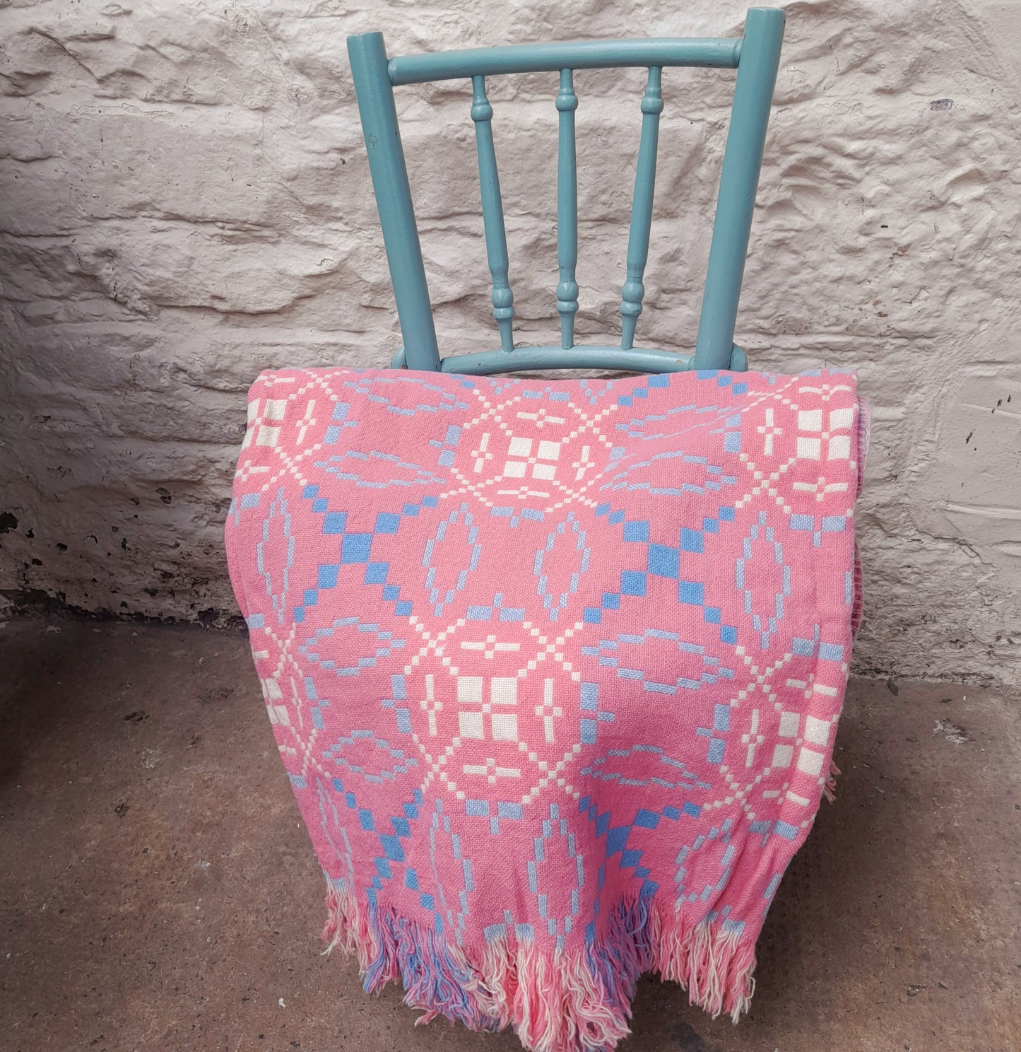 Vintage Welsh Tapestry Blanket in Baby Pink, Pale Blue & White
