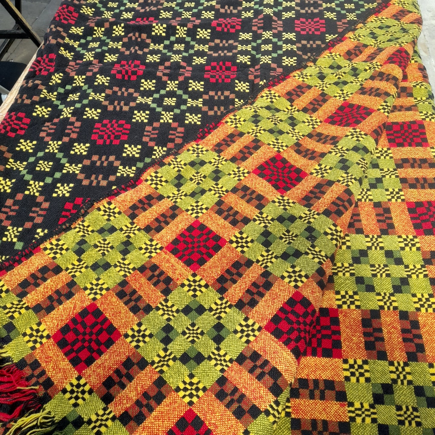 RARE Vintage Welsh Tapestry Blanket in Black, Red, Yellowy Green by Ben Jones at Alltcavan Mill King Size