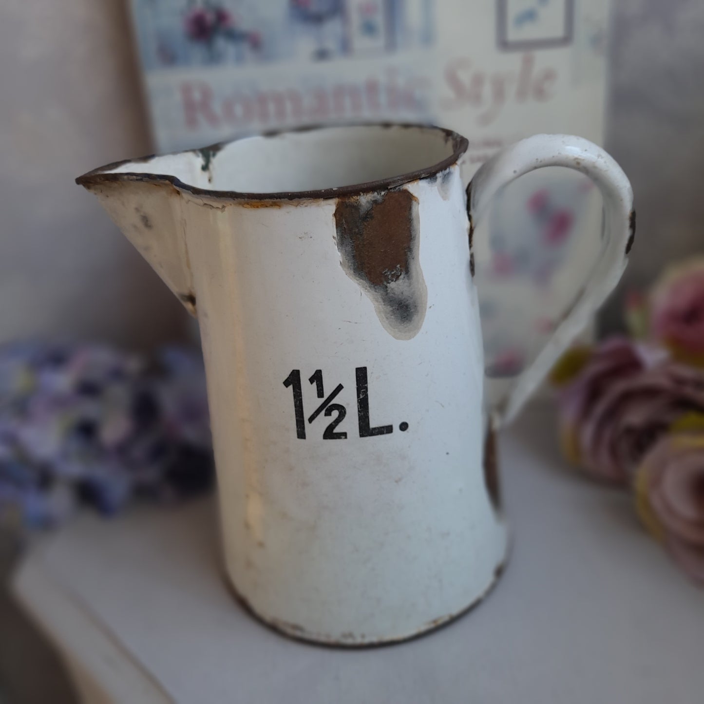 Antique White Enamel Measuring Jug: French Farmhouse Vase