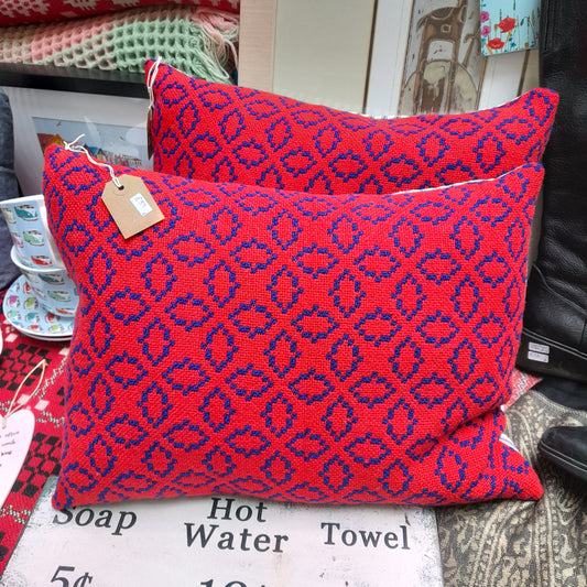 Pair of Cushions in Red & Navy Blue Handmade from Vintage Welsh Tapestry 14" x 18"