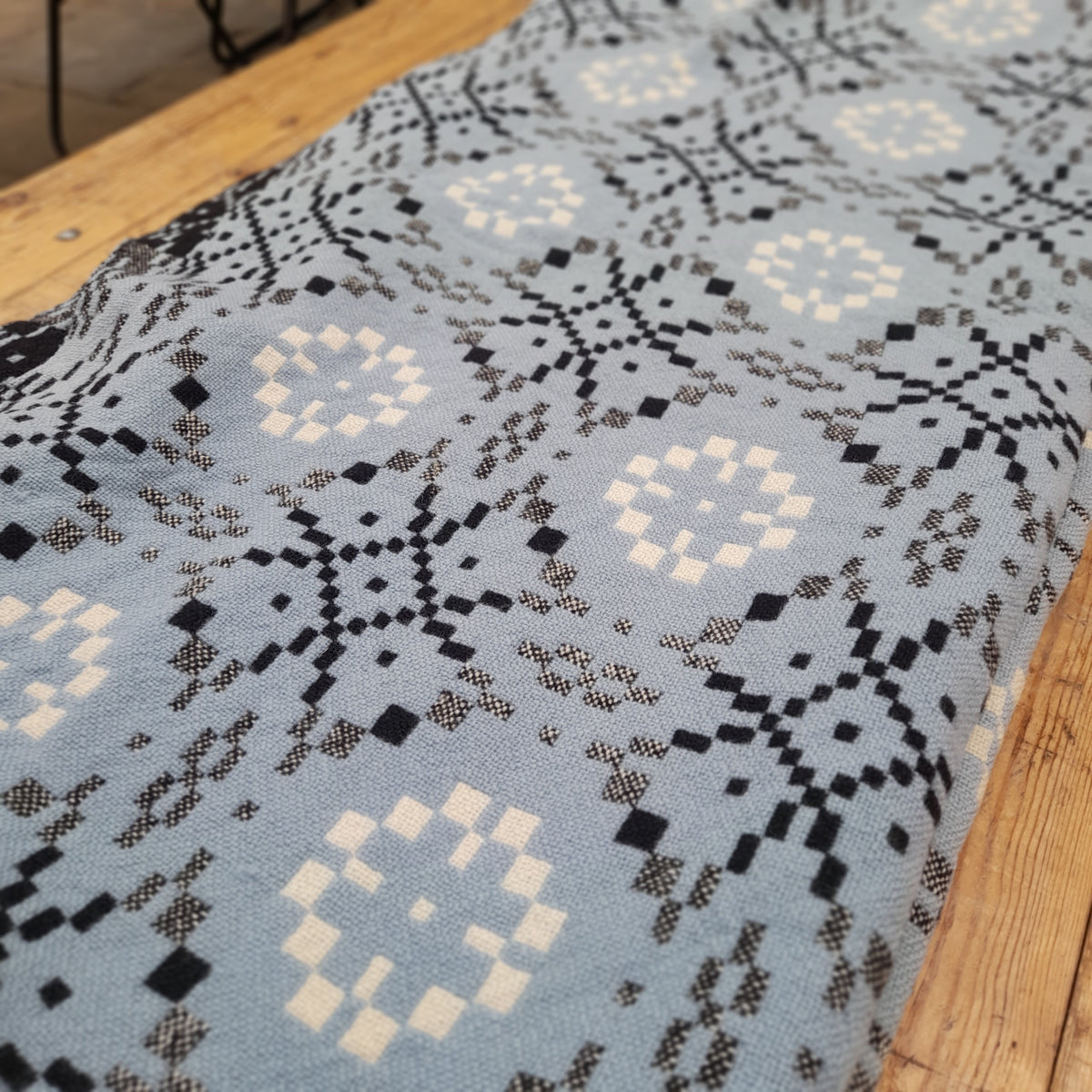 Rare Vintage Welsh Tapestry Blanket in Wedgwood Blue, White & Black King Size