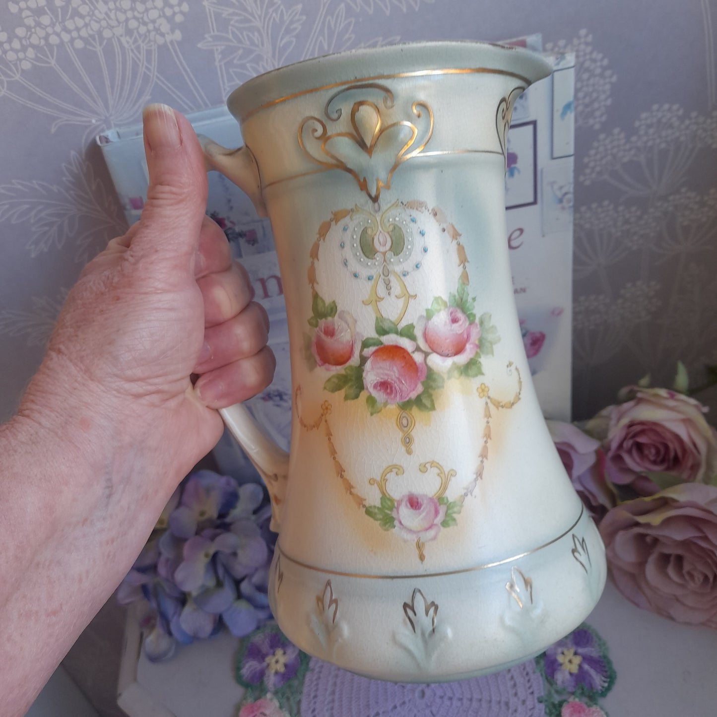 Art Nouveau Jug in Duck Egg Blue & Pink Roses Perfect Vintage Floral Vase