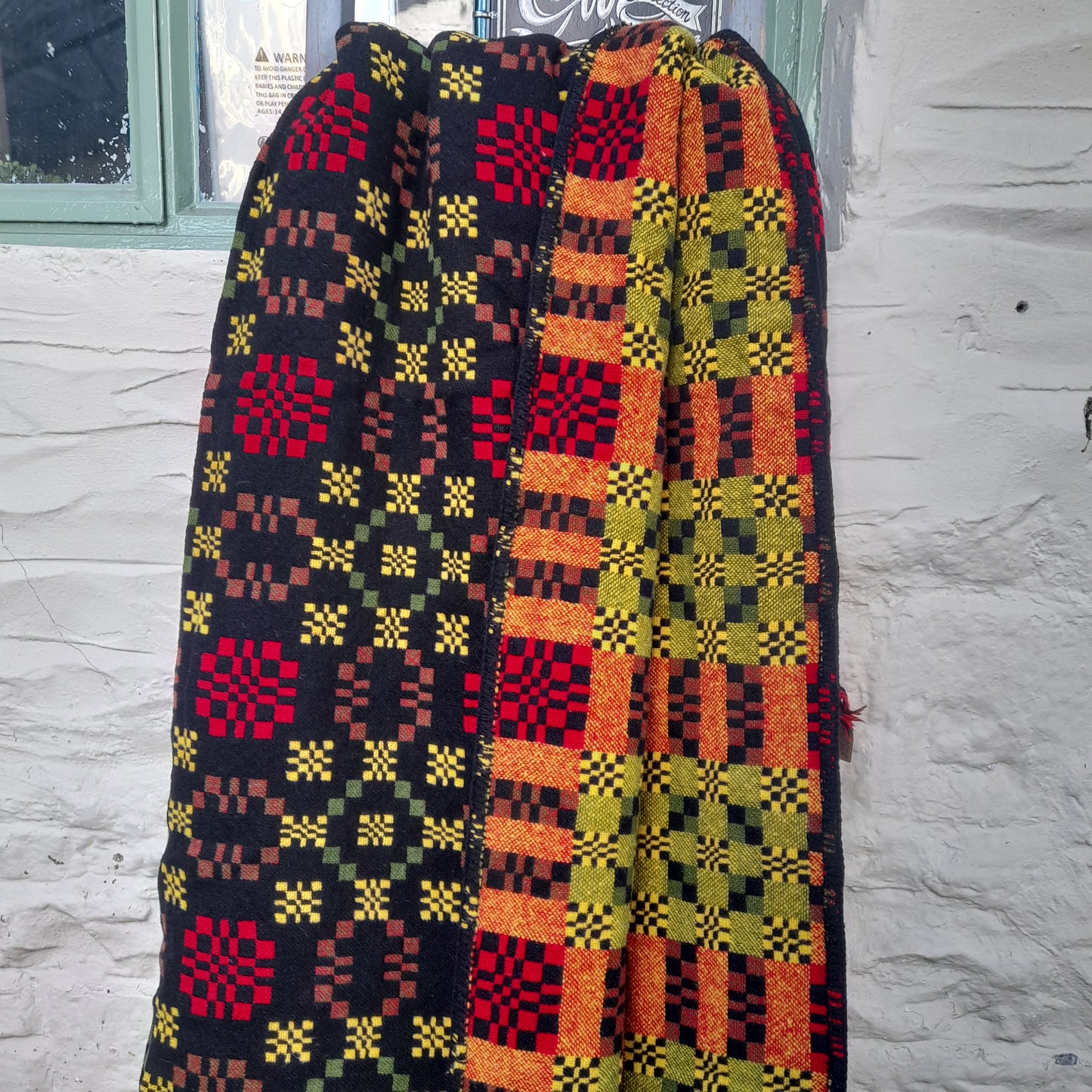 RARE Vintage Welsh Tapestry Blanket in Black, Red, Yellowy Green by Ben Jones at Alltcavan Mill King Size