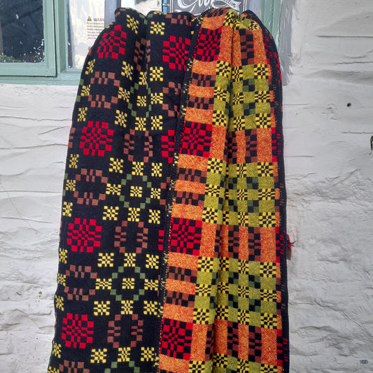 RARE Vintage Welsh Tapestry Blanket in Black, Red, Yellowy Green by Ben Jones at Alltcavan Mill King Size