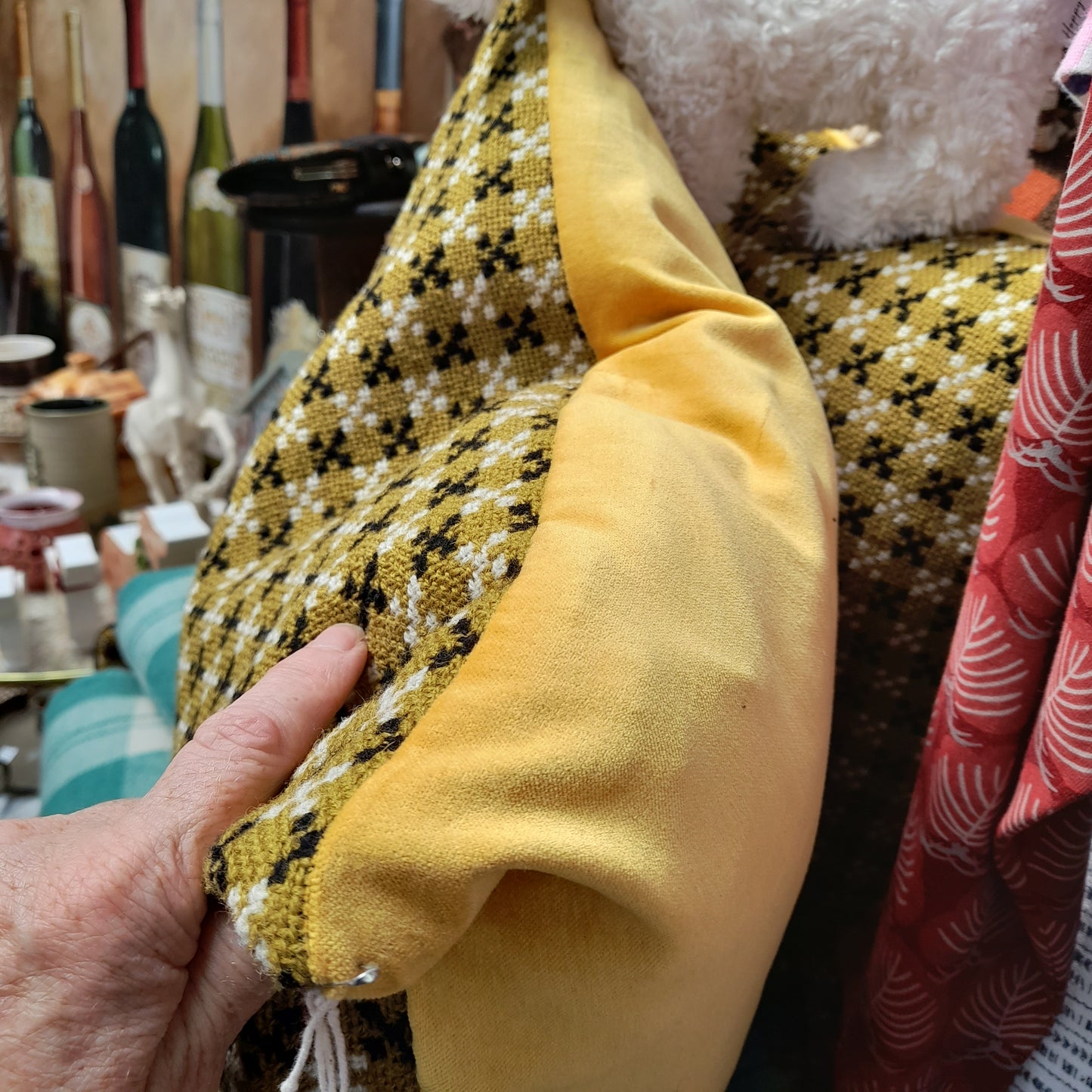 PAIR Handmade Cushions Made From Vintage Welsh Tapestry Fabric in Mustard, Black & Cream 18"