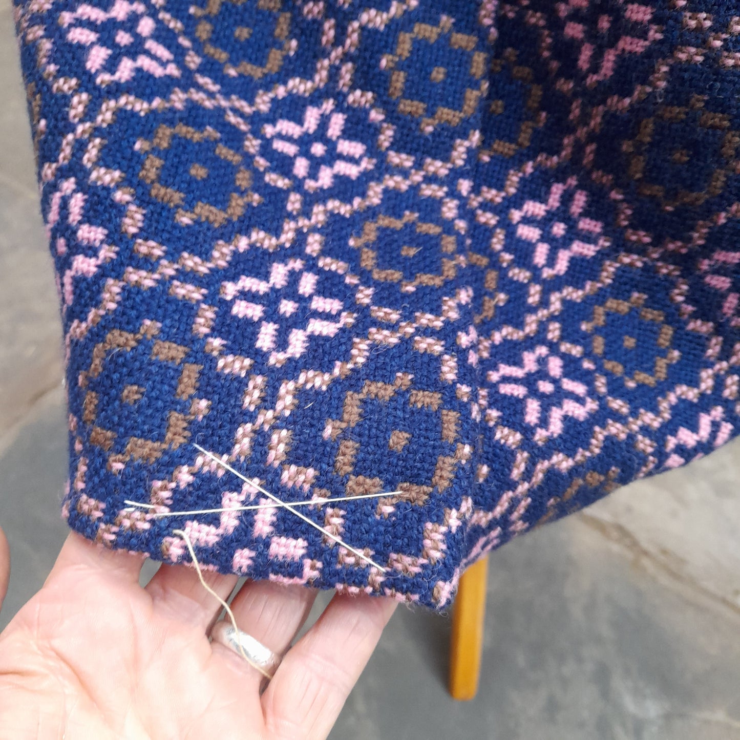 Vintage Full Length Welsh Tapestry Coat in Navy Blue Brown & Pink Unworn