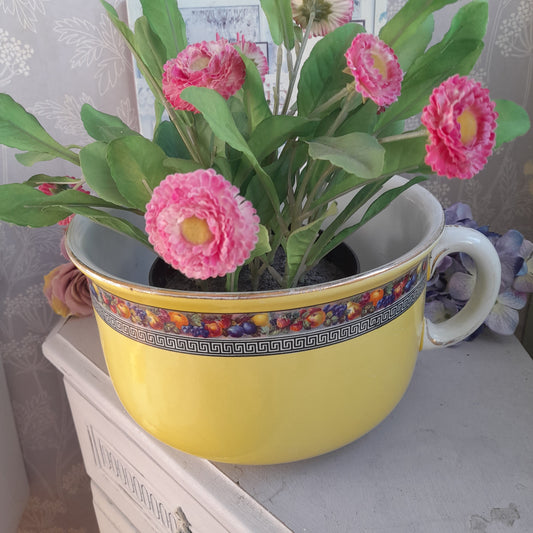 Victorian Sunshine Yellow Chamber Pot with Fruit & Greek Key Design