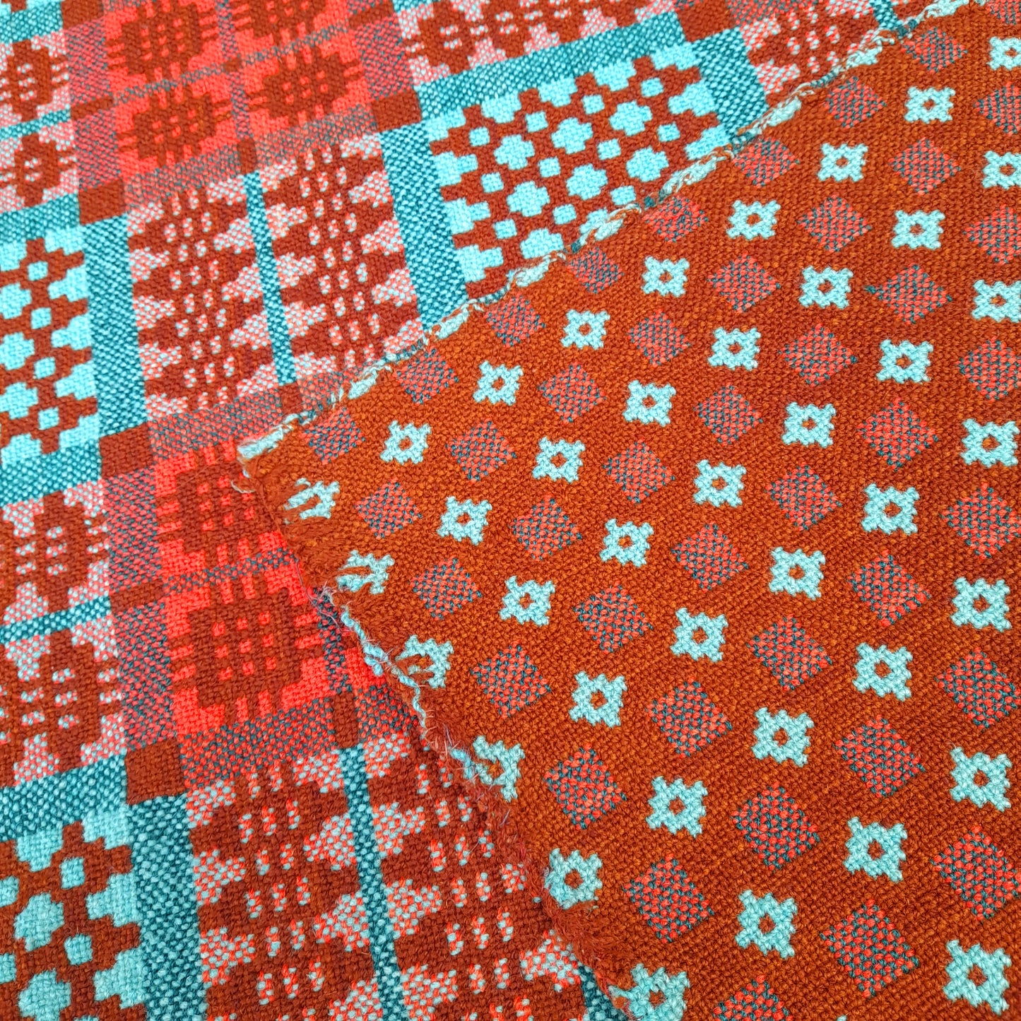 Early Antique Handmade Welsh Wool Tapestry Blanket in Teal Green, Orange Red & Terracotta