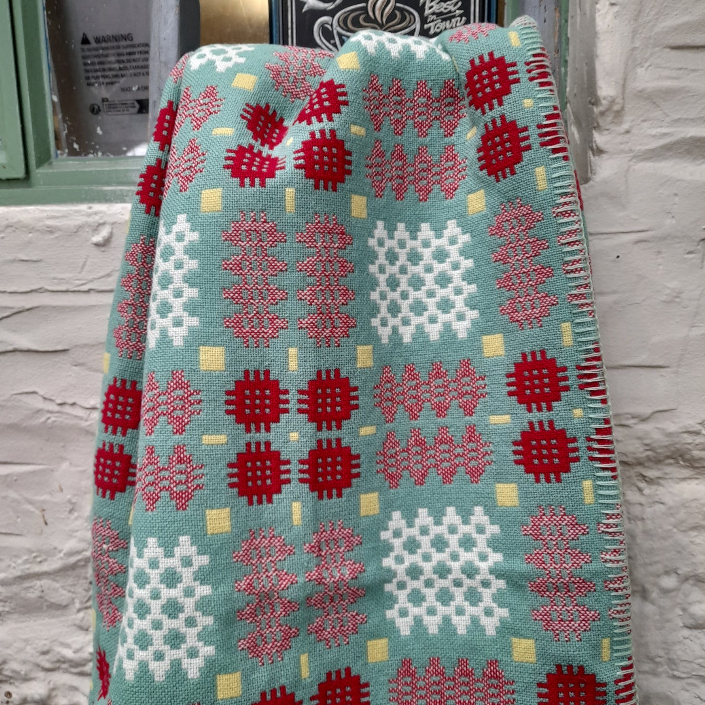 Vintage Welsh Tapestry Blanket in Green, Raspberry Red, Lemon Yellow & White King Size