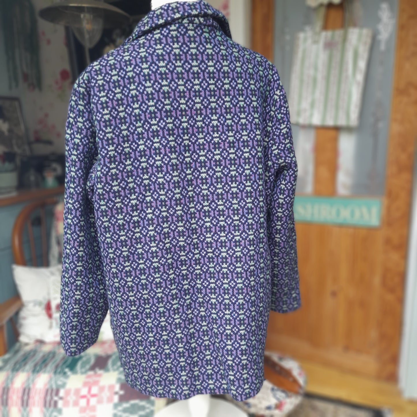 Vintage Welsh Tapestry Pea Coat in Navy Green & Purple by Melin Tregwynt Size 16/18