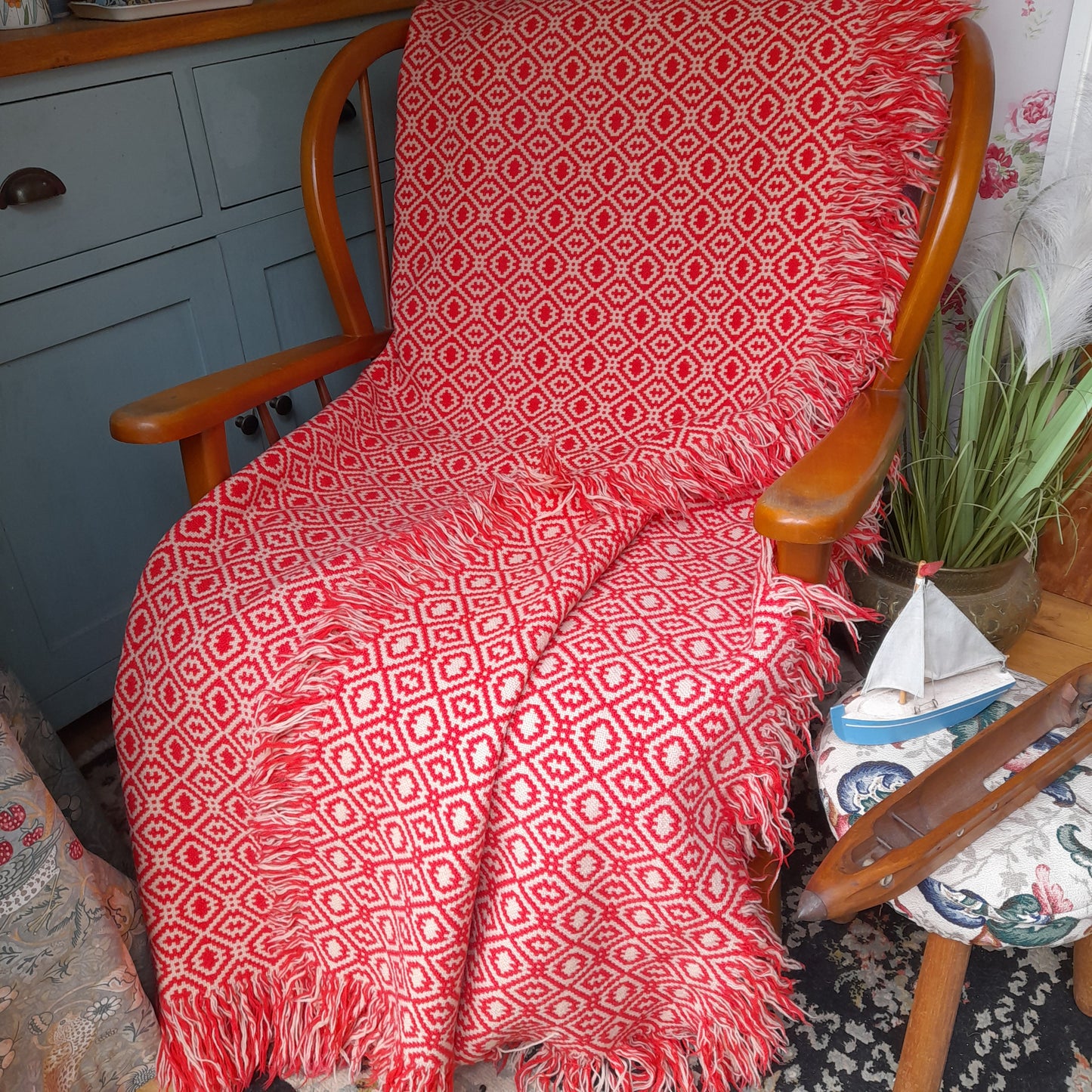 RARE Vintage Welsh Tapestry Blanket in Tomato Red & Cream by Rhydybont Mill