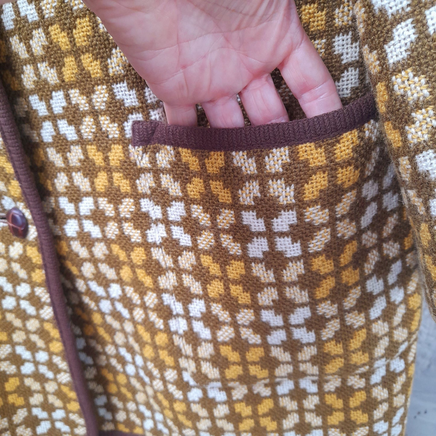Vintage Welsh Tapestry Pea Coat in Mustard, Cream & Brown Size 16/18