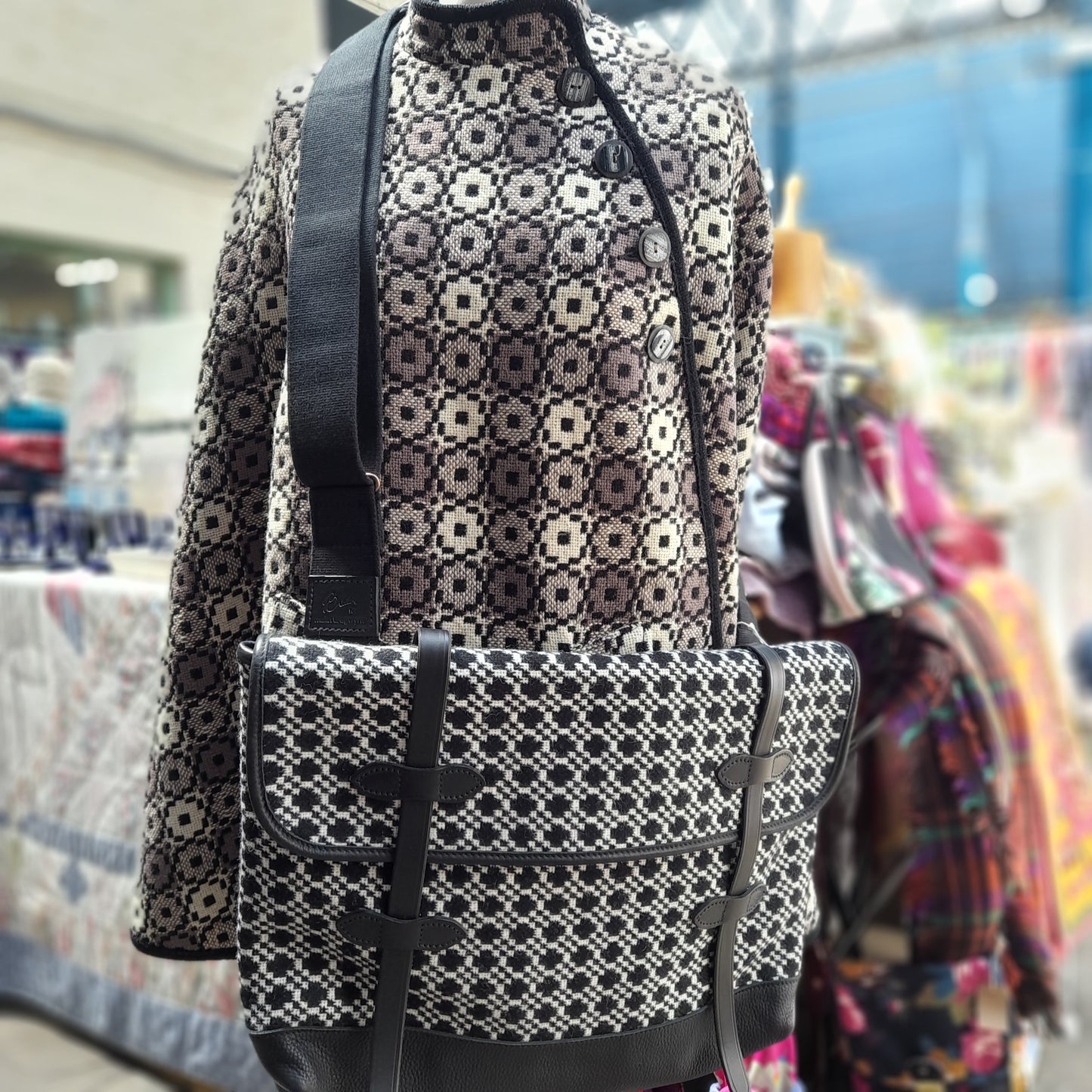 Large Welsh Tapestry & Leather Cross Body Messenger Bag by Melin Tregwynt in Black & White