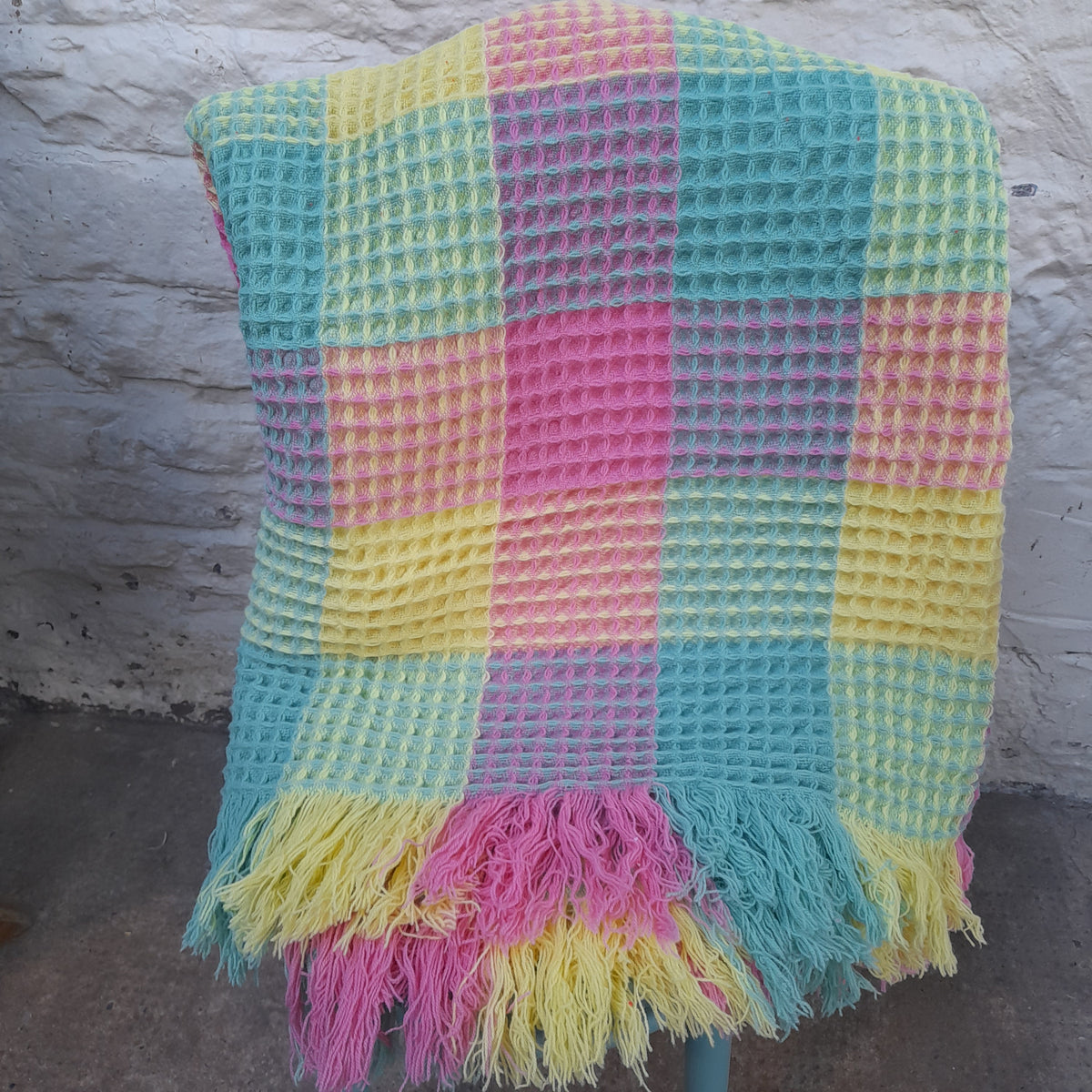Vintage Welsh Wool Waffle Honeycomb Blanket in Rainbow Colours Pink Green & Yellow by Derw Mill King Size