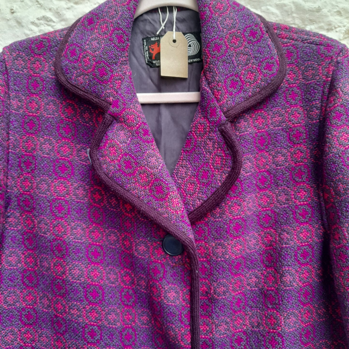 Vintage Welsh Tapestry Pea Coat in Purple & Pink Size 16/18
