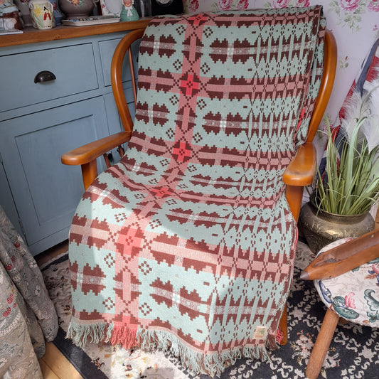 Vintage Welsh Tapestry Blanket in Sage Green, Brown & a Pop of Coral Pink by Brynkir Woollen Mill Huge