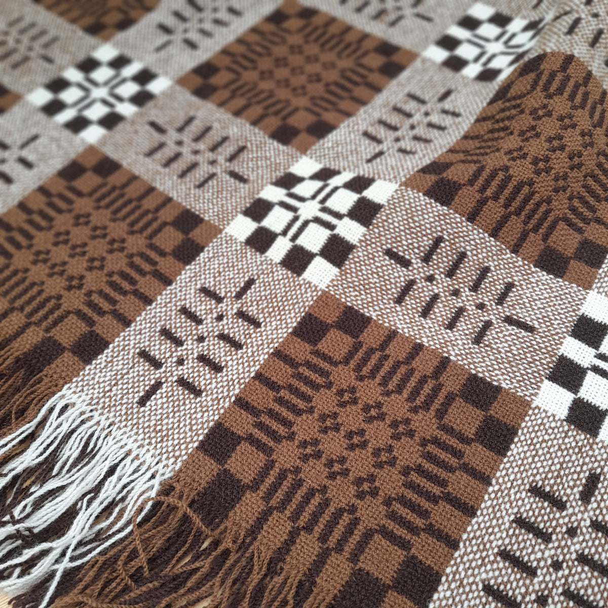 RARE Vintage Welsh Tapestry Blanket in Chocolate Brown, Black & White King Size