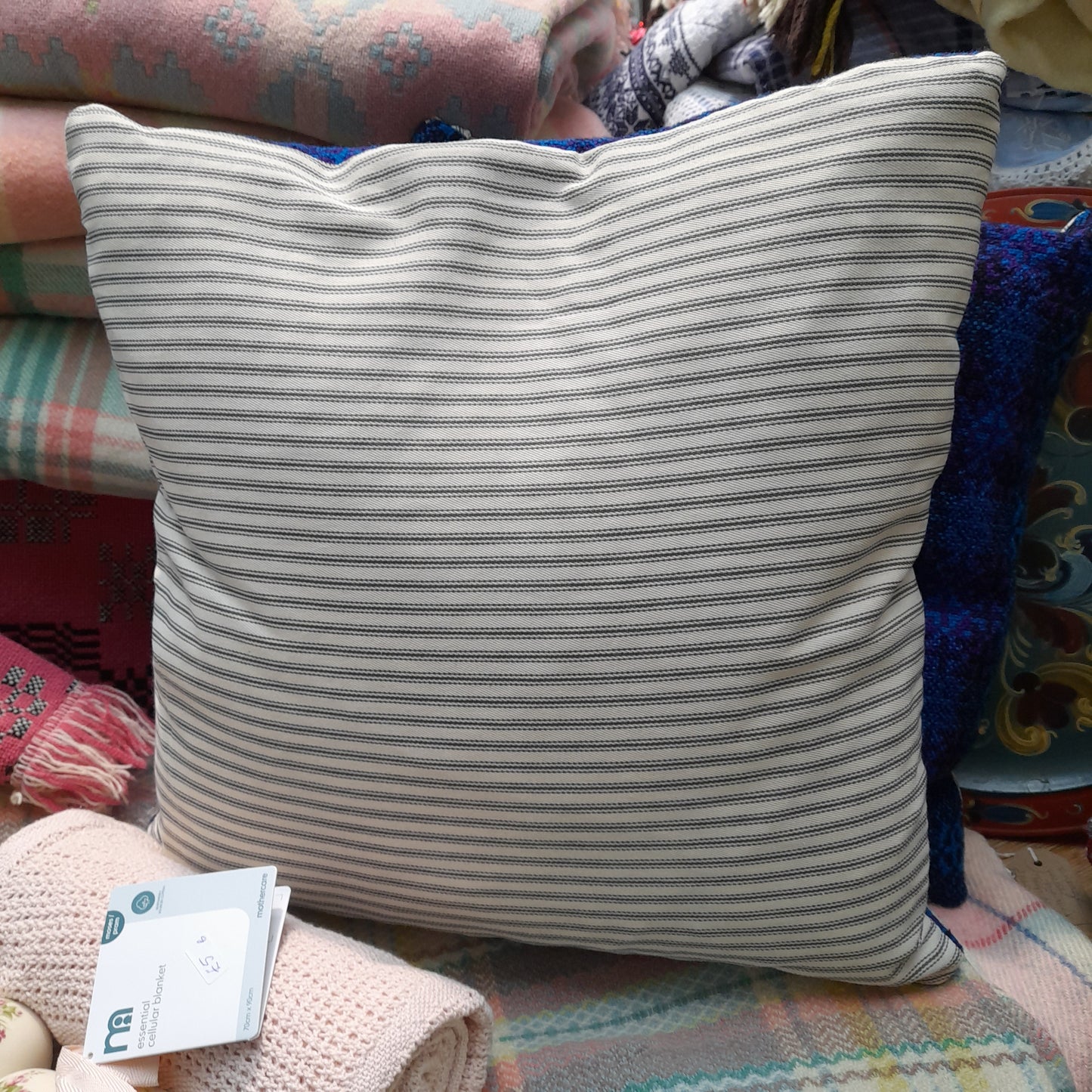 PAIR Handmade Cushions Made From Vintage Welsh Tapestry Fabric in Bright Blue, Purple & Black 18"