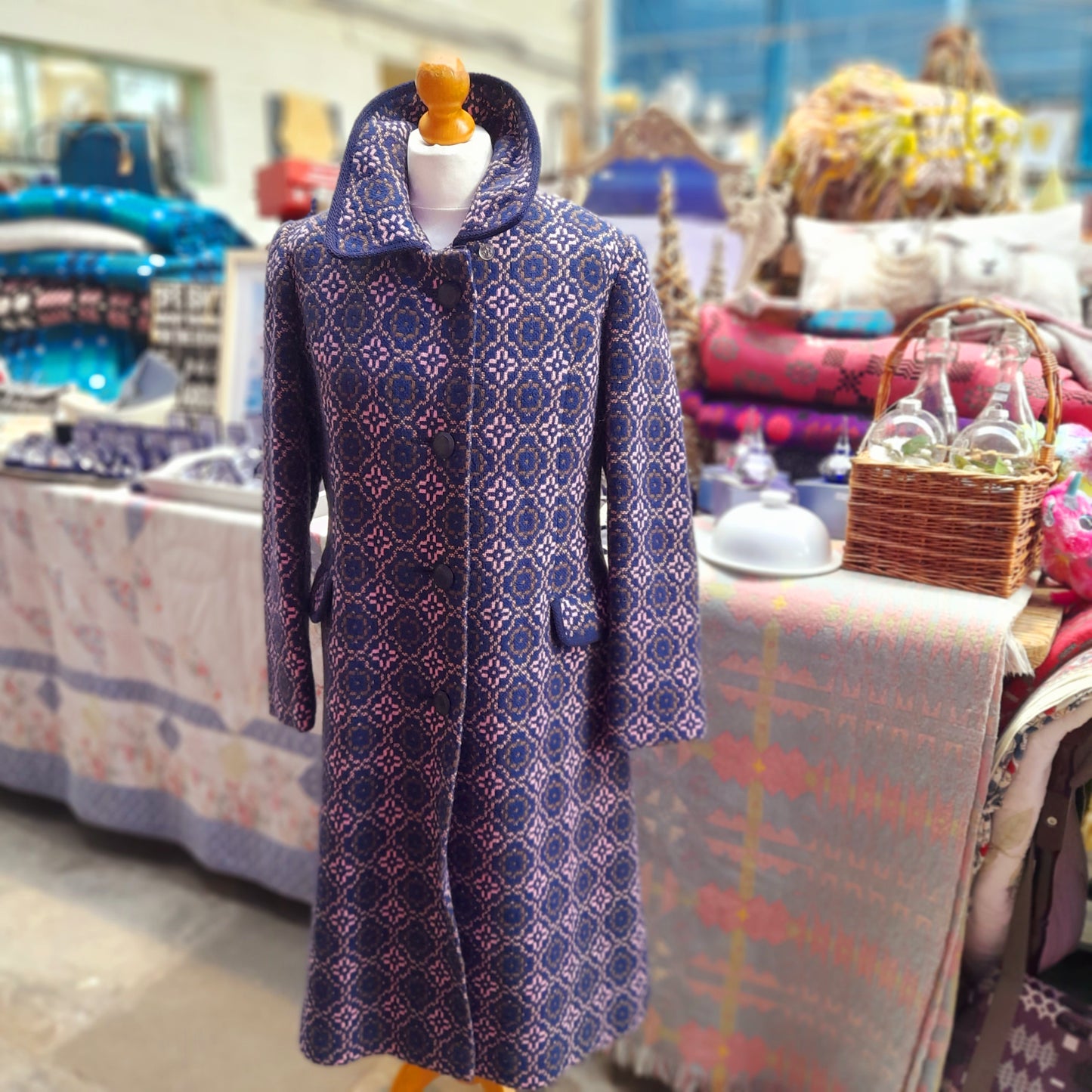 Vintage Full Length Welsh Tapestry Coat in Navy Blue Brown & Pink Unworn