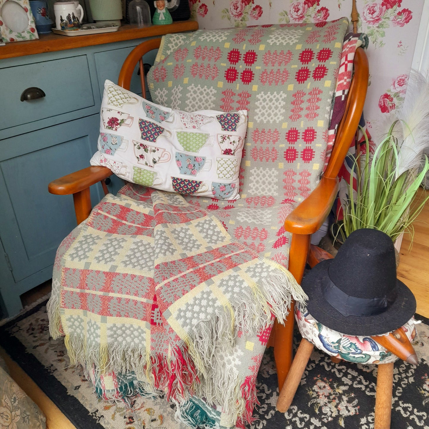 Vintage Welsh Tapestry Blanket in Sage Green, Raspberry Pink, Yellow & White King Size