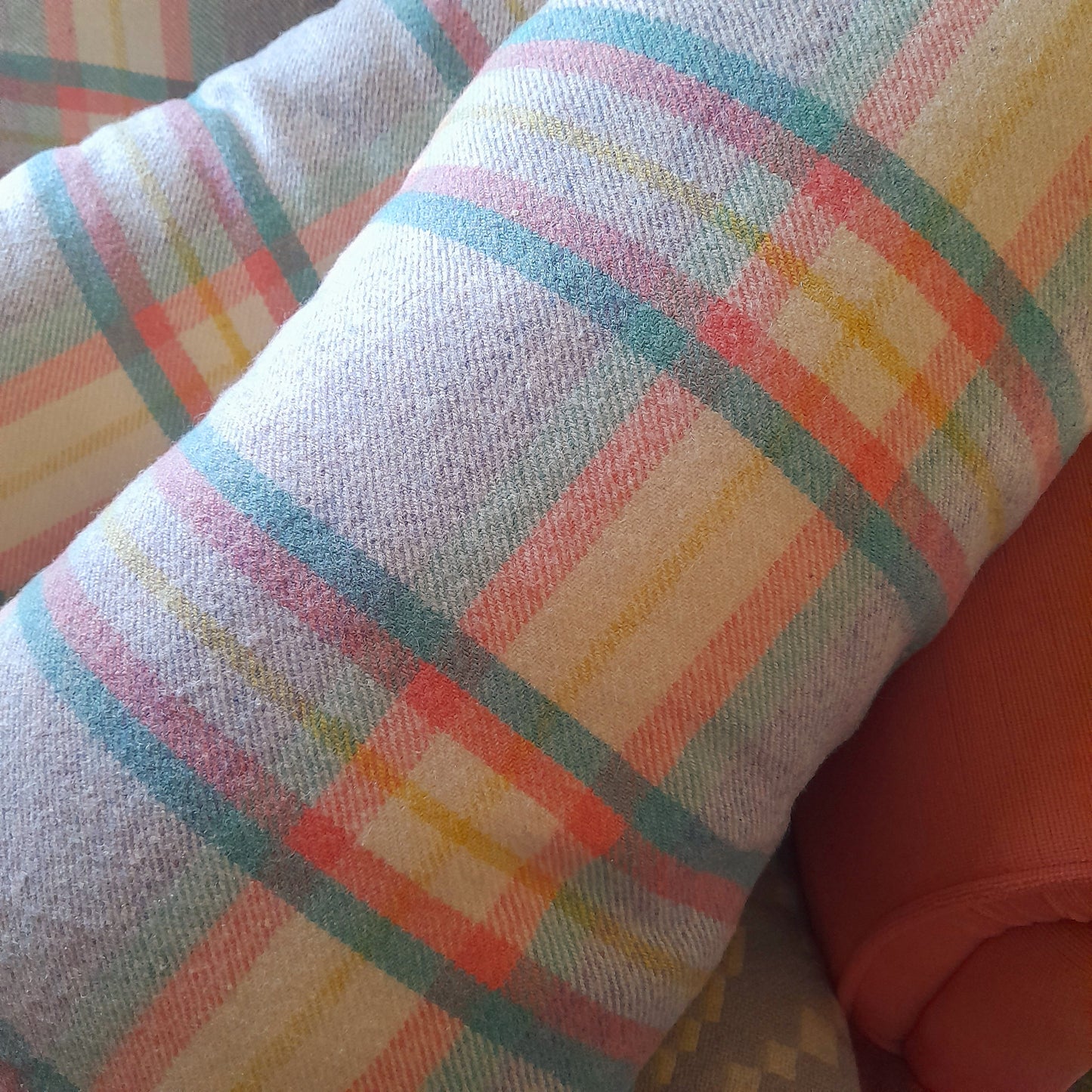 Pair of Welsh Wool Cushions Made From A Vintage Blanket in Grey Peach Cream & Green Check 28" x 14"