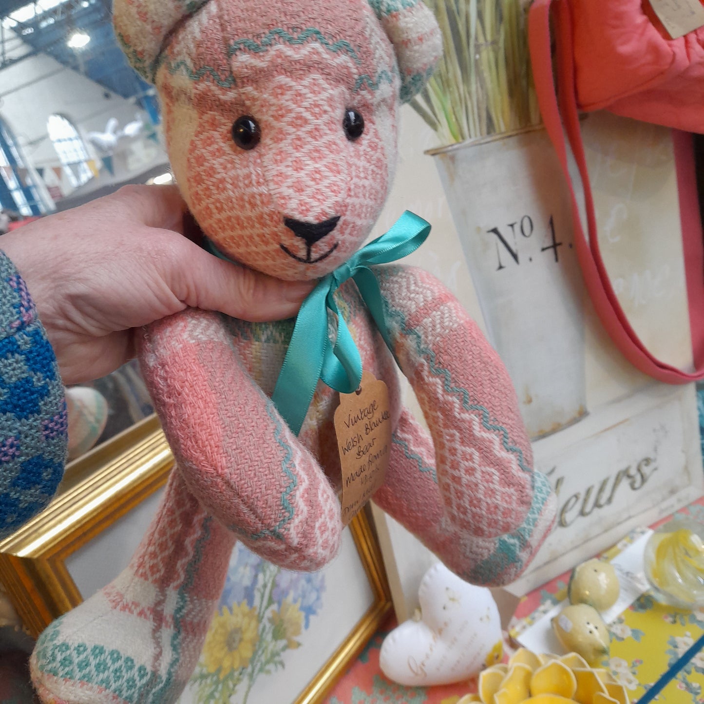 Handmade Welsh Blanket Teddy Bear in Peach Cream & Green