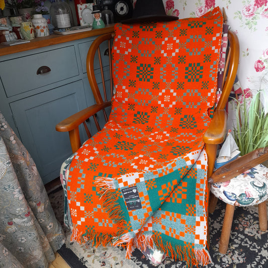 Vintage Welsh Tapestry Blanket in Bright Orange Green & Off White by Meirion Mill