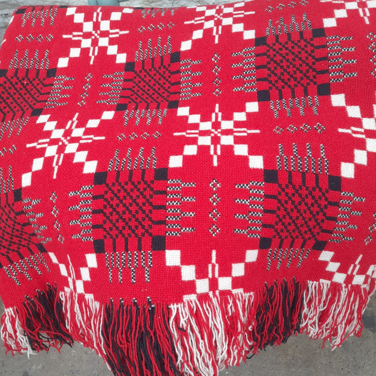 Vintage Welsh Tapestry Blanket in Red, Black & White by Cambrian Mills King Size
