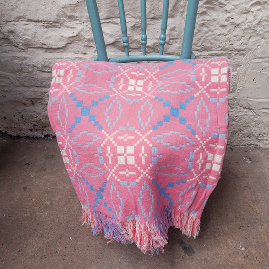 Vintage Welsh Tapestry Blanket in Baby Pink, Pale Blue & White