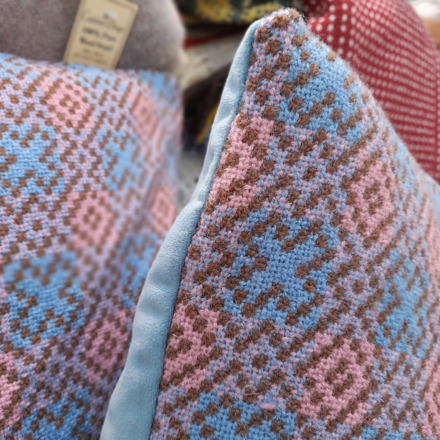 Handmade Welsh Tapestry Cushion in Pastel Pink & Blue 18"