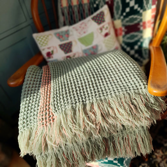 Vintage Welsh Wool Waffle Honeycomb Blanket in Reversible Green & Pink