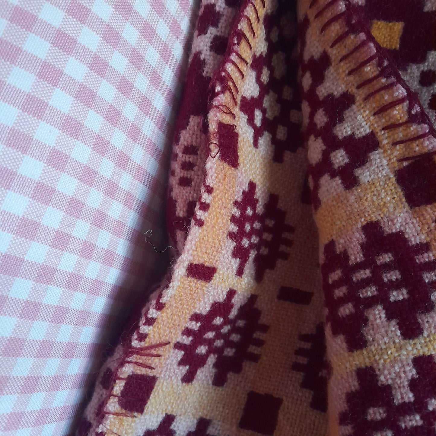 Vintage Welsh Tapestry Blanket in Burgundy Pink & A Pop of Daffodil Yellow King Size
