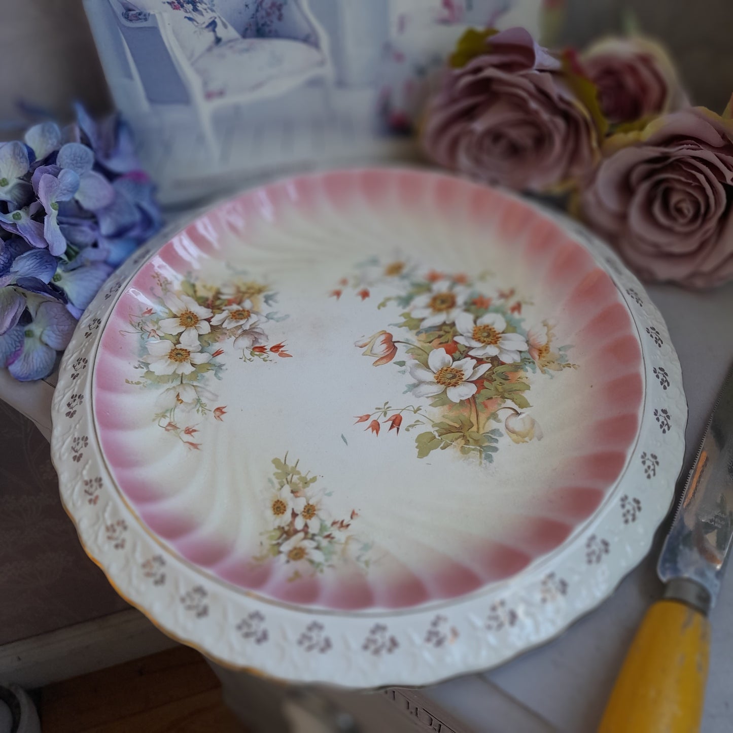Large Antique Pink Floral Bread Plate With Scallop Edge Very Shabby Chic