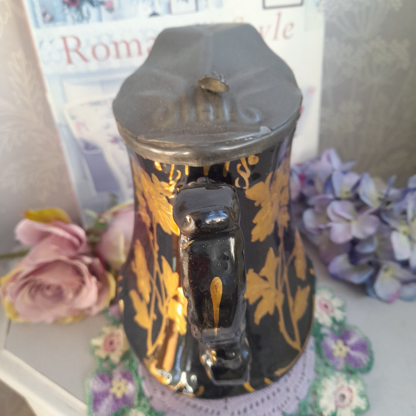 Antique Jackfield Black & Gold Water Jug With Pewter Lid