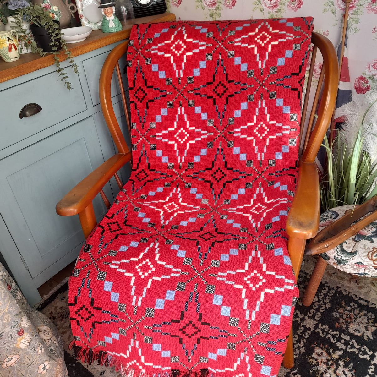 Vintage Welsh Tapestry Blanket in Raspberry Red, Black & White With A Pop of Sky Blue By Melin Tregwynt King Size