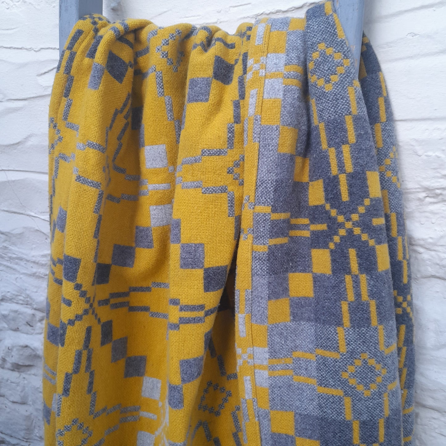 Melin Tregwynt Welsh Tapestry Blanket in Mustard & Grey in 'Vintage Star' Design
