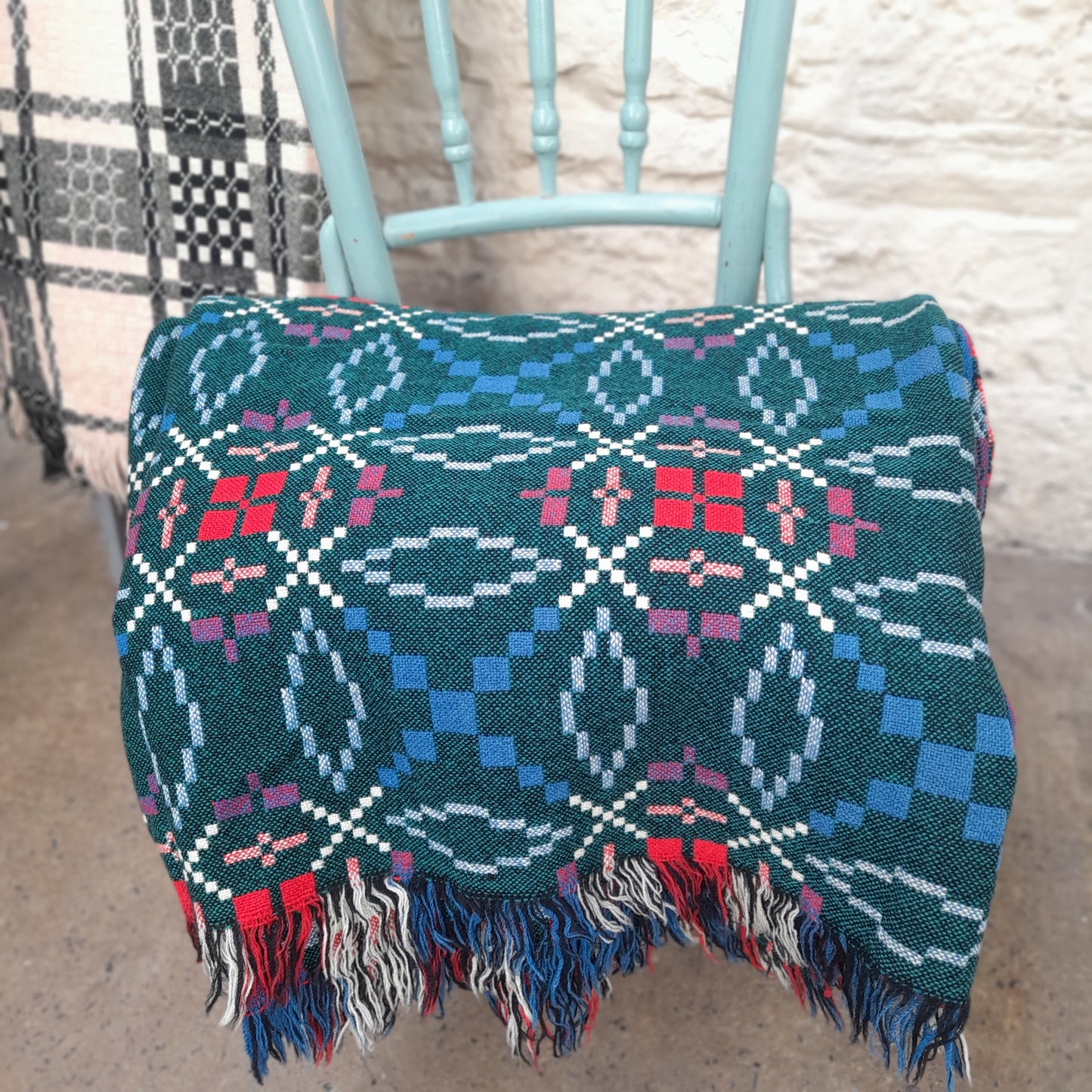 Vintage Welsh Tapestry Blanket in Teal Green, Blue & White With A Pop of Red