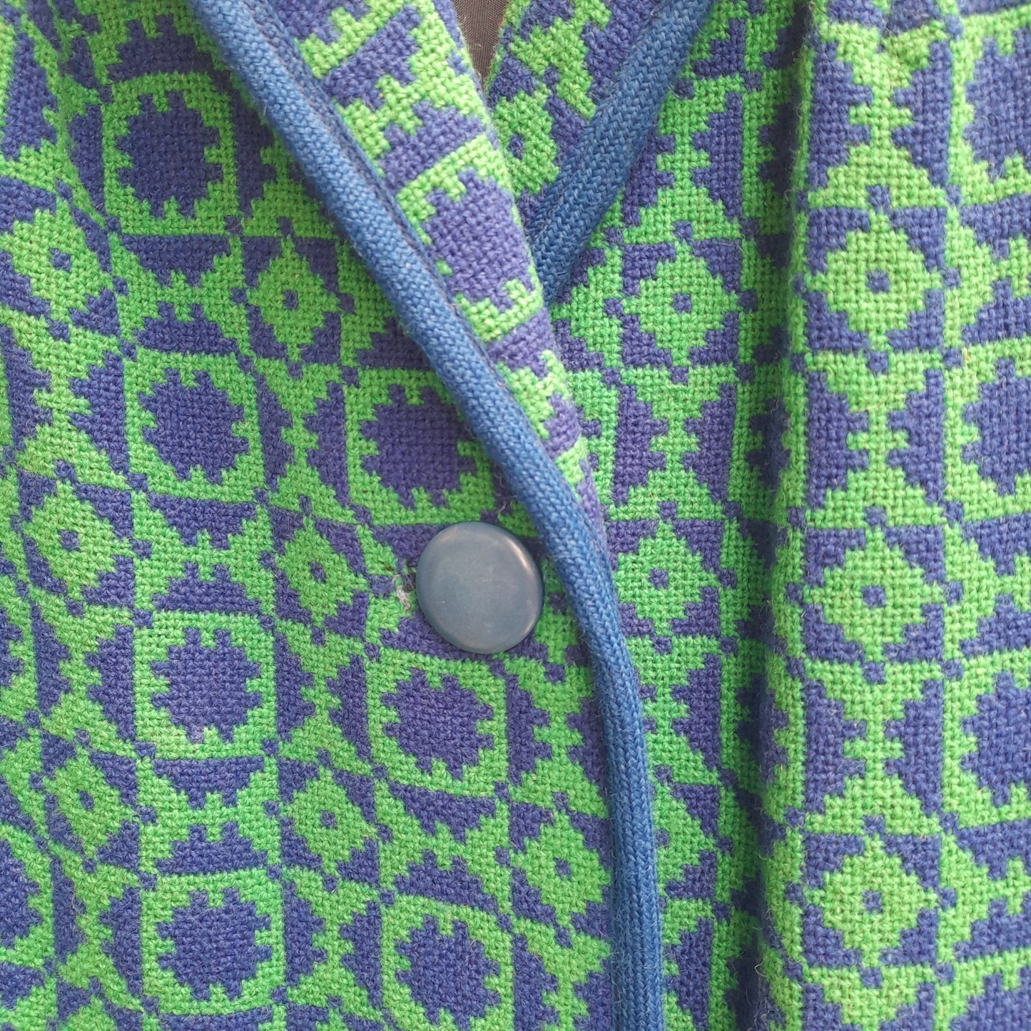 Vintage Welsh Tapestry Coat in Emerald Green & Cobalt Blue 16/18