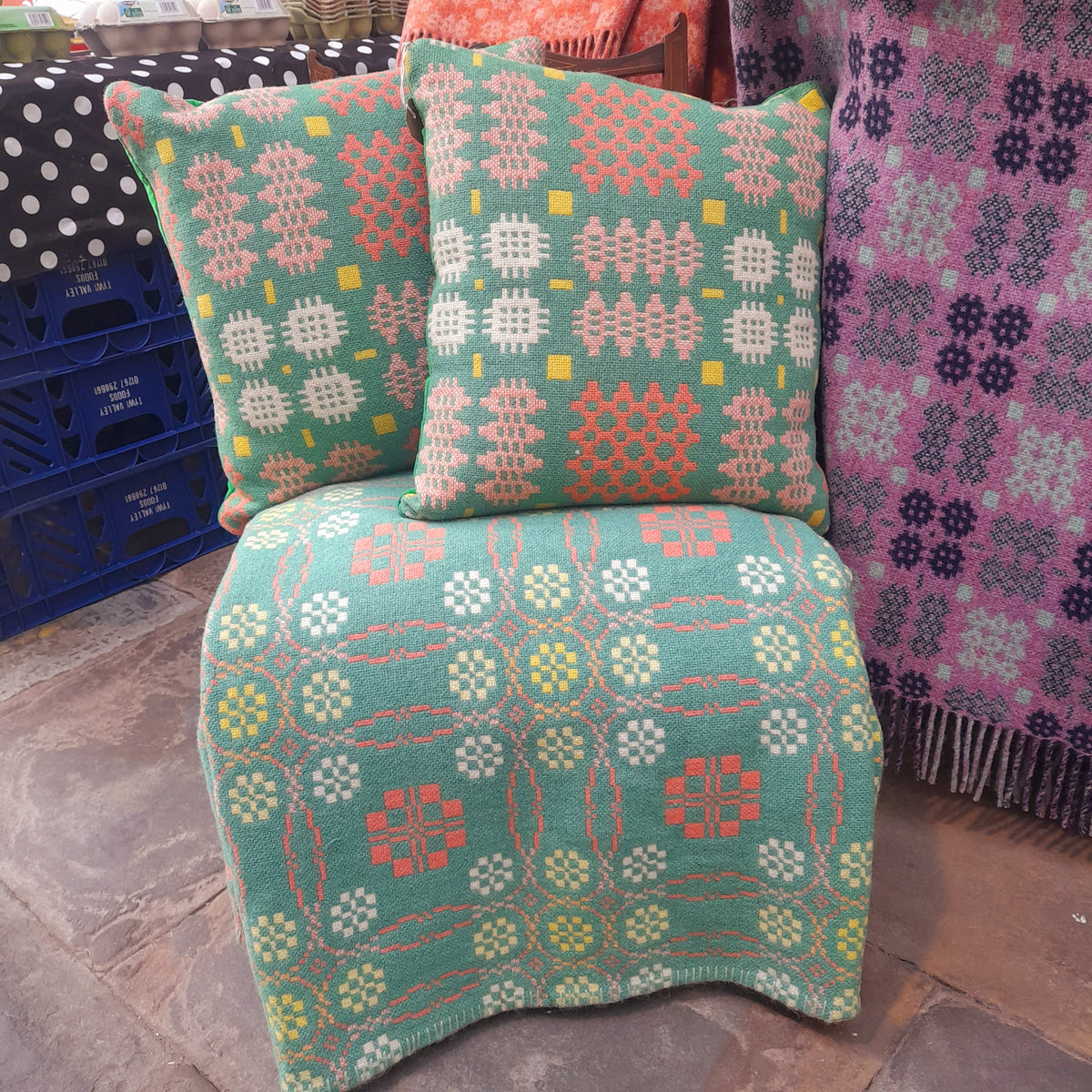 RARE Vintage Welsh Tapestry Blanket in Mint Green, Coral Pink & Daffodil Yellow in 'Peony' Design