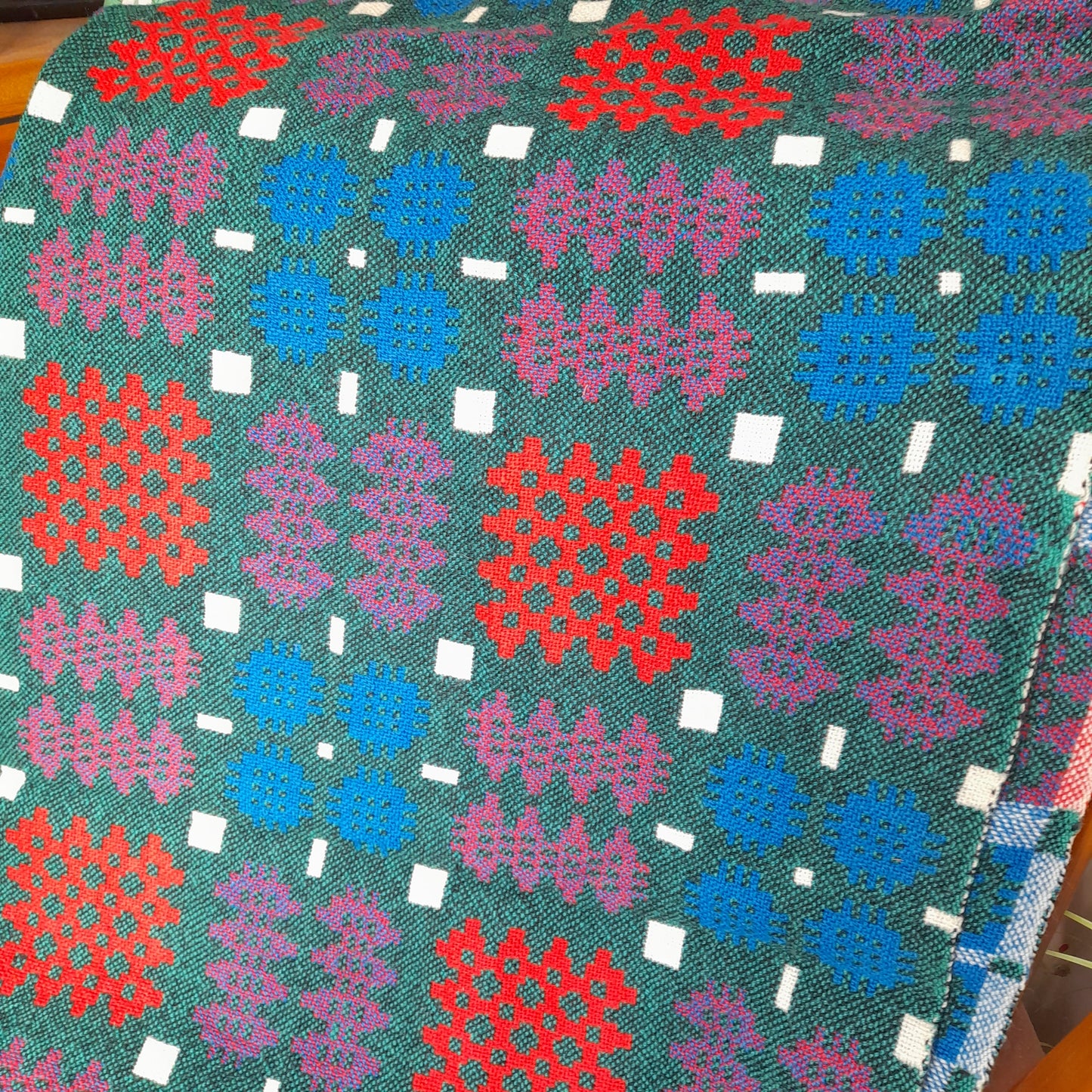 Vintage Welsh Tapestry Blanket in Teal Green, Cobalt Blue, Scarlet Red & White