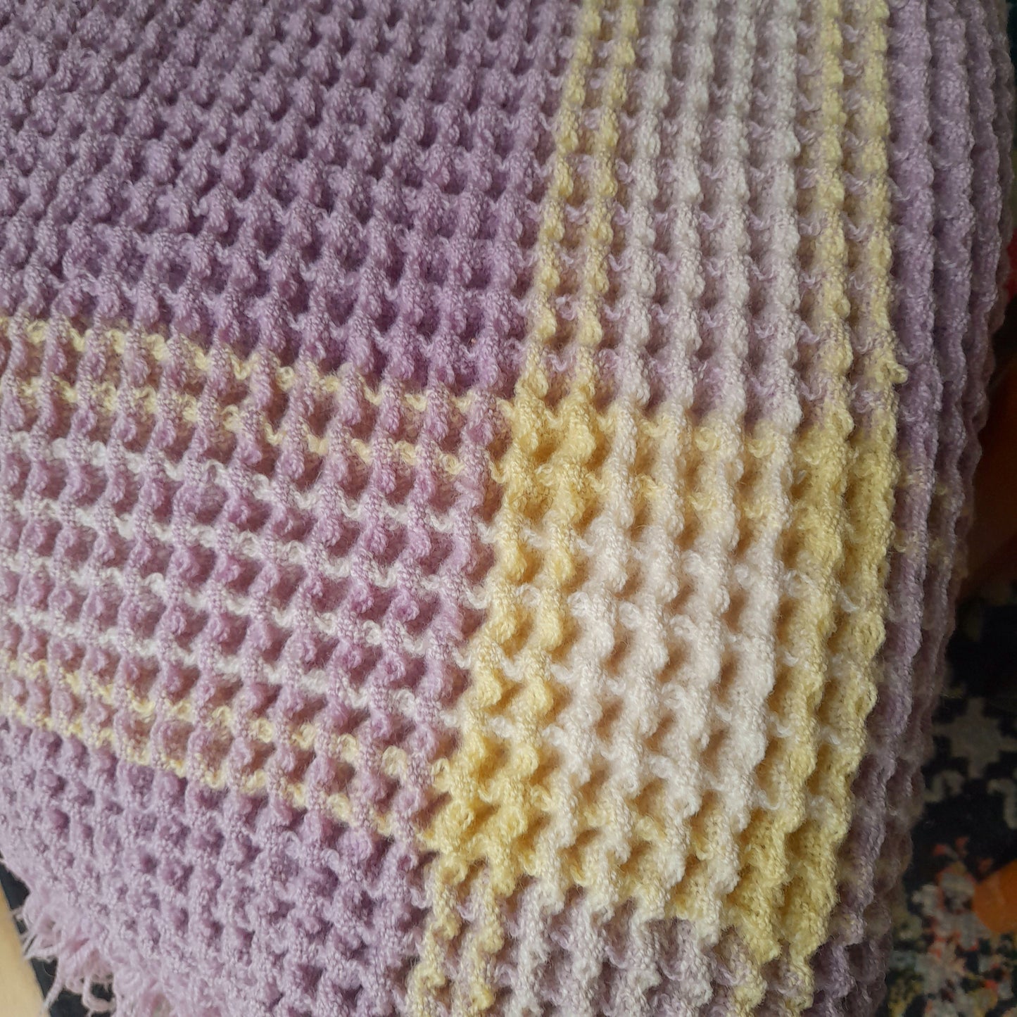 Vintage Welsh Wool Waffle Honeycomb Blanket in Lilac & Lemon Check