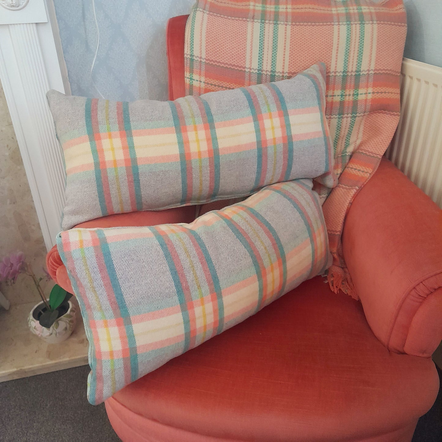 Pair of Welsh Wool Cushions Made From A Vintage Blanket in Grey Peach Cream & Green Check 28" x 14"