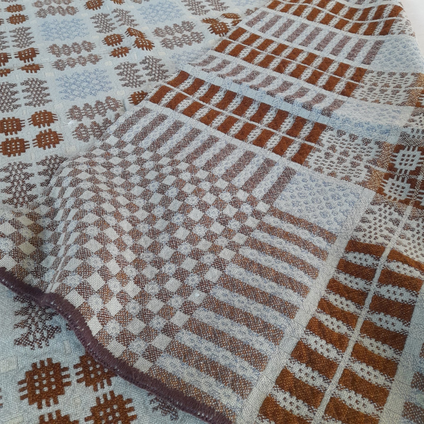 RARE Early Antique Welsh Tapestry Blanket in Grey Blue & Brown