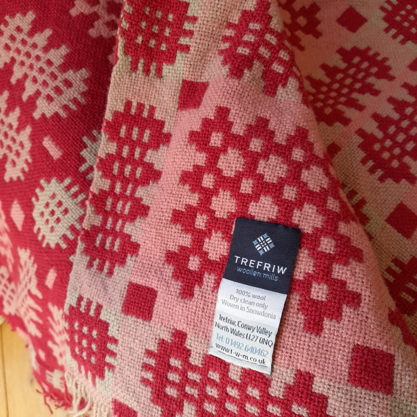 Vintage Welsh Tapestry Blanket in Raspberry Grey & Pink by Trefriw Woollen Mill