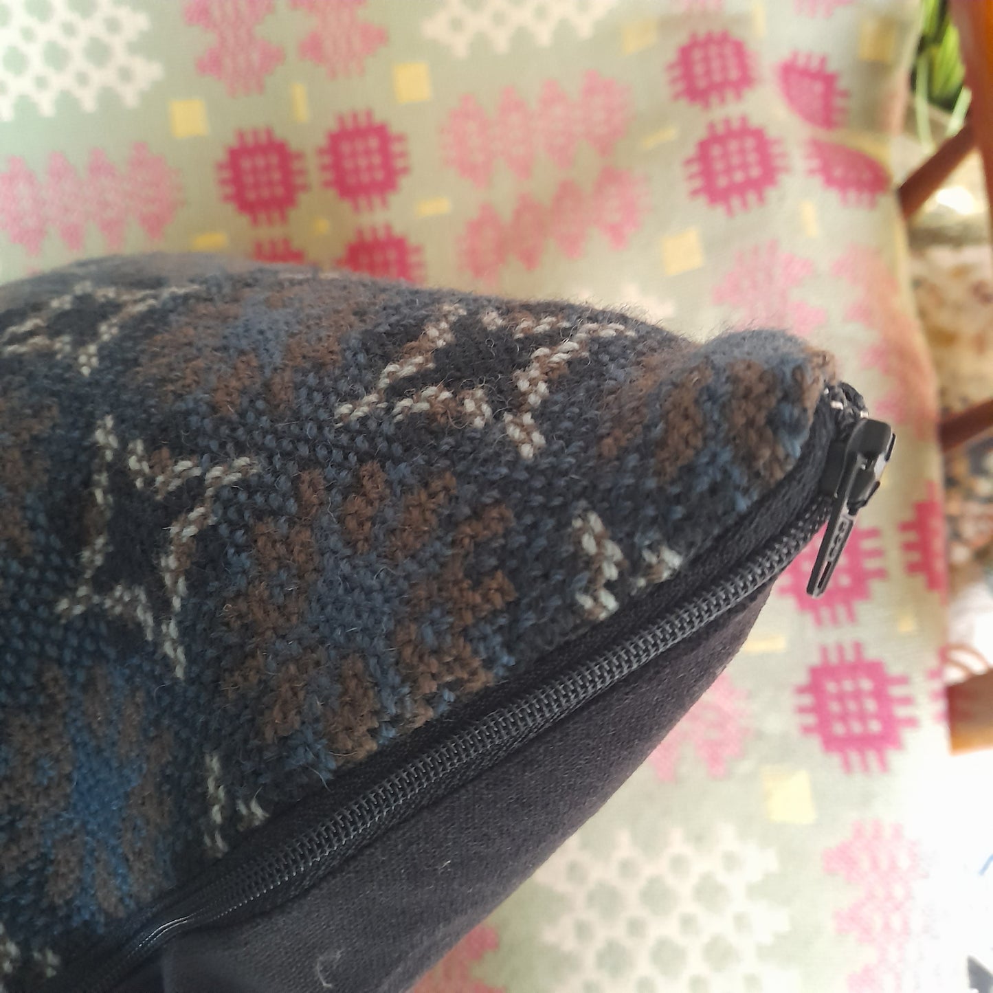 Handmade Cushion Made From Vintage Welsh Tapestry Woven Fabric in Navy & Grey 18"