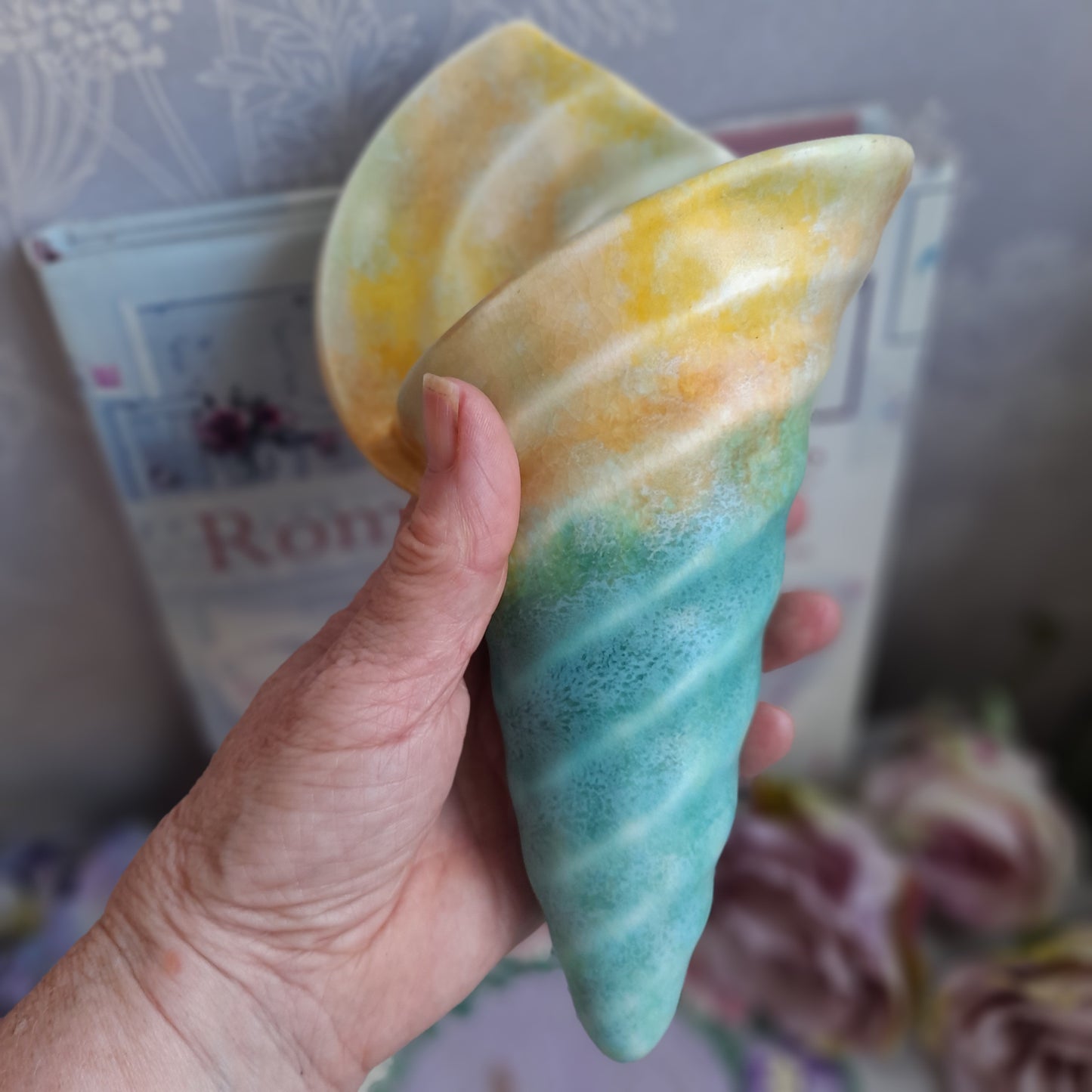 Art Deco Ceramic Conch Shell Shaped Wall Hanging Pocket Vase in Marbled Duck Egg Blue & Lemon by Beswick