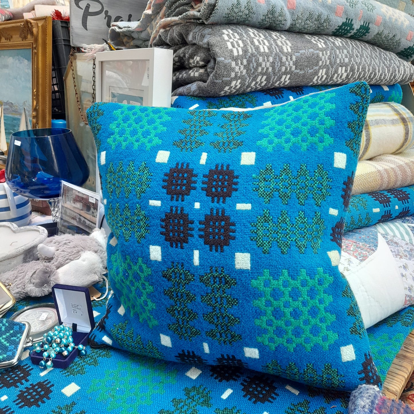 PAIR Handmade Welsh Blanket Cushions in Cobalt Blue, Green, Black & White 18"