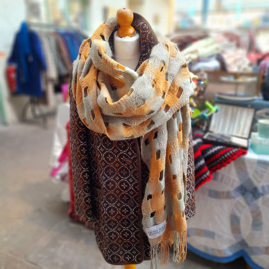 Sioni Rhys Handwoven Wool Wrap/Shawl in Burnt Orange & Sage Green