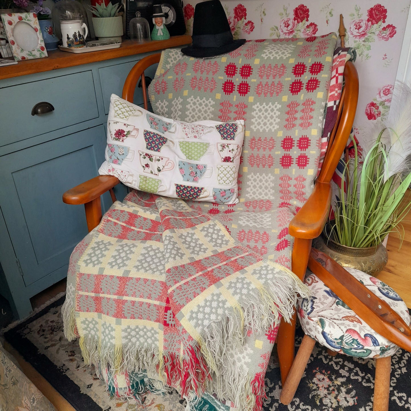 Vintage Welsh Tapestry Blanket in Sage Green, Raspberry Pink, Yellow & White King Size
