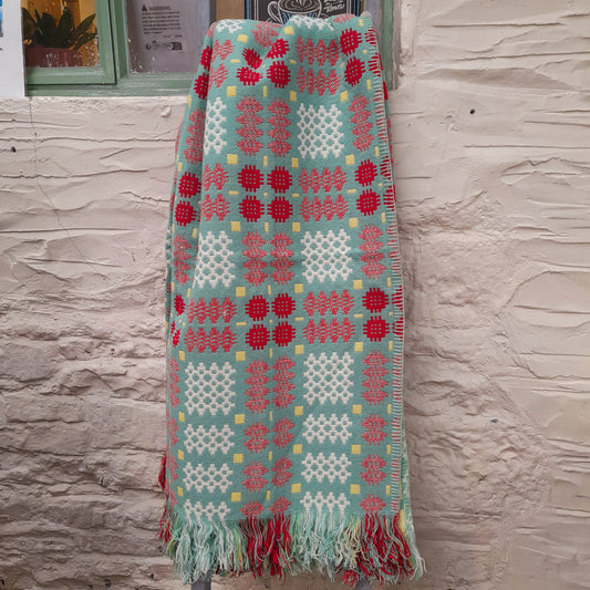 Vintage Welsh Tapestry Blanket in Green, Raspberry Red, Lemon Yellow & White King Size